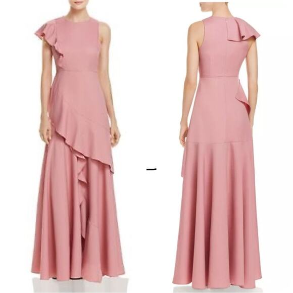Aqua Small $368 Pink Asymmetric Ruffle Cap-Sleeve A-Line Gown Dress - Picture 1 of 10